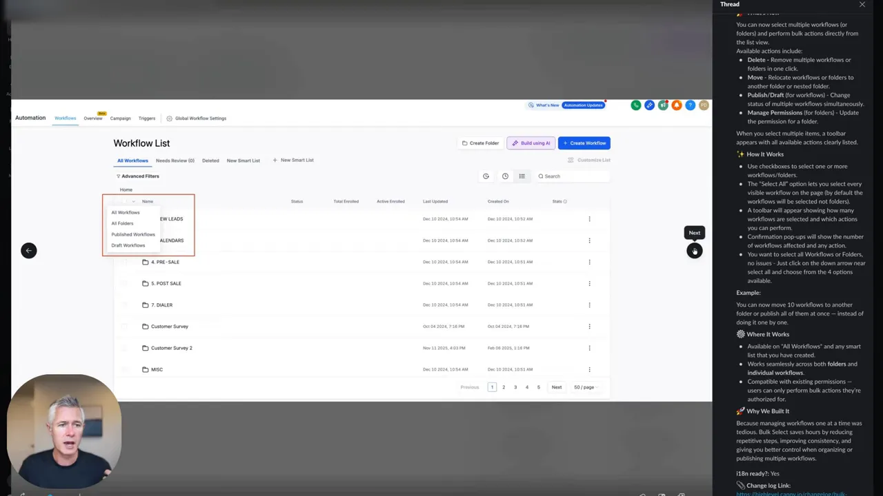 GFunnel workflow list with filters dropdown highlighted showing All Workflows, All Folders, Published Workflows, Draft Workflows