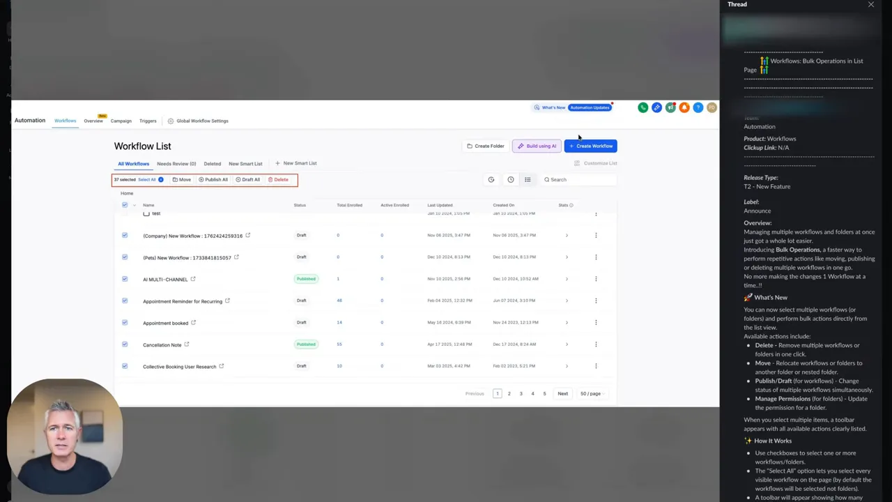 High-clarity GFunnel Workflow List showing multiple workflows selected, bulk action toolbar, and a right-side thread panel; presenter inset at bottom-left