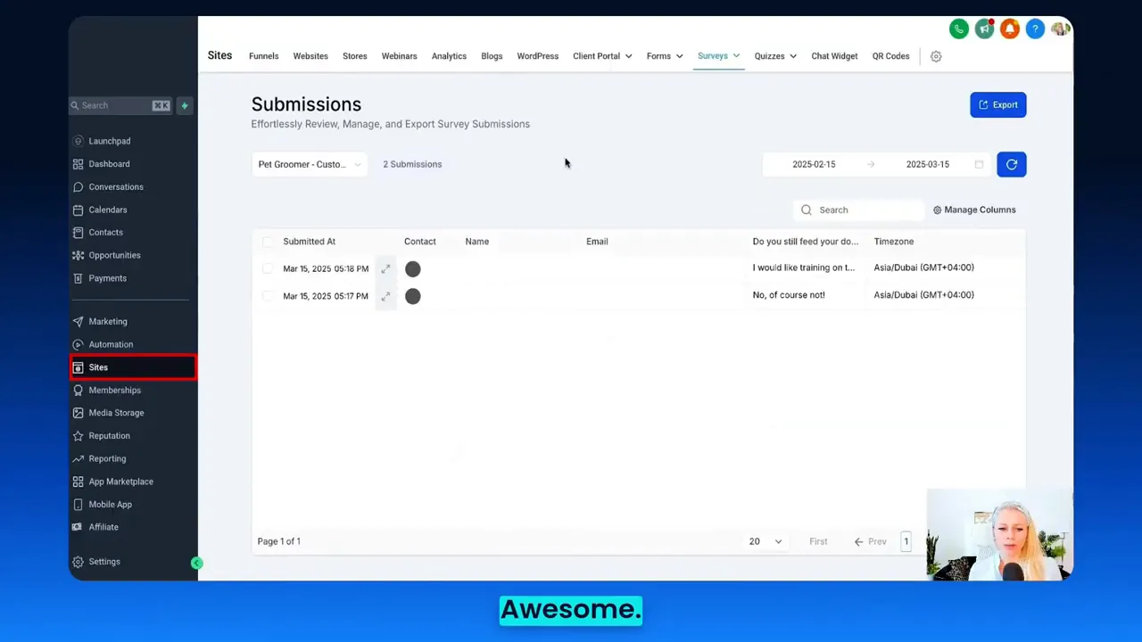 Survey builder menu showing 'Sites', 'Surveys', and 'Builder' options