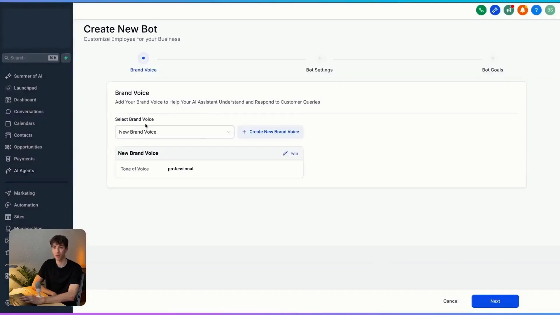 Creating brand voice setup in GFunnel