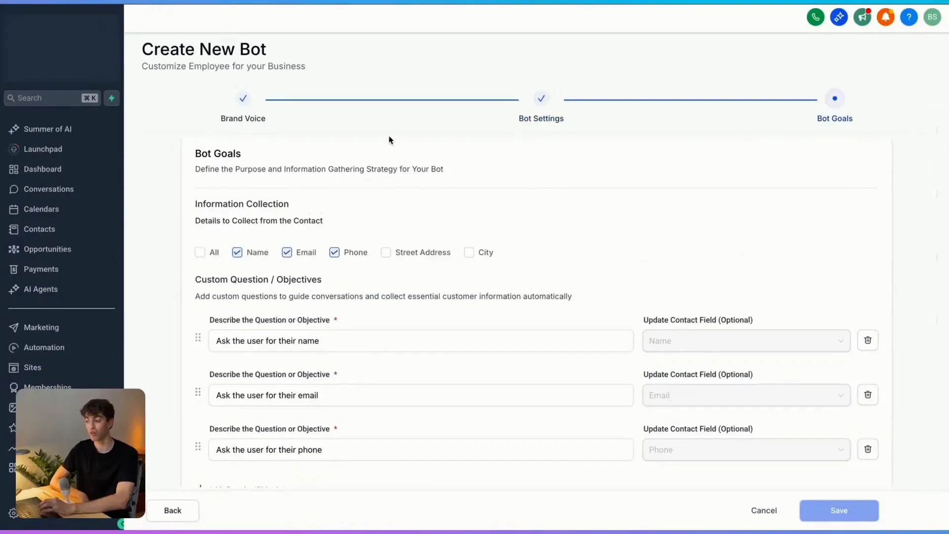 GFunnel’s automation settings and personalization interface
