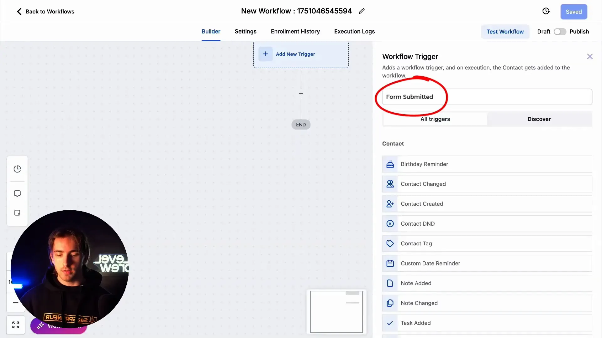 Creating a form submission trigger in GFunnel workflow builder