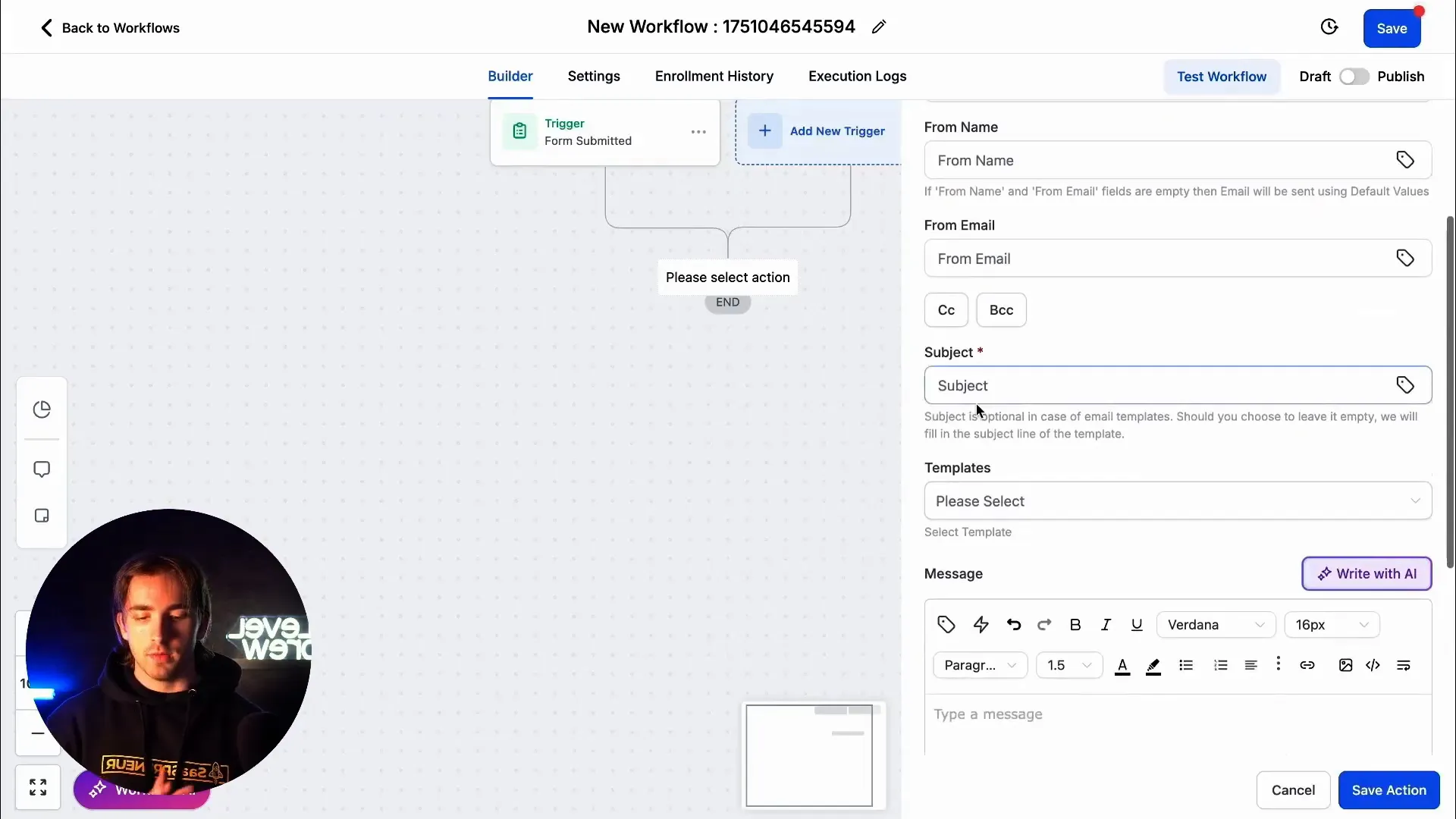 Configuring email actions with personalization in GFunnel