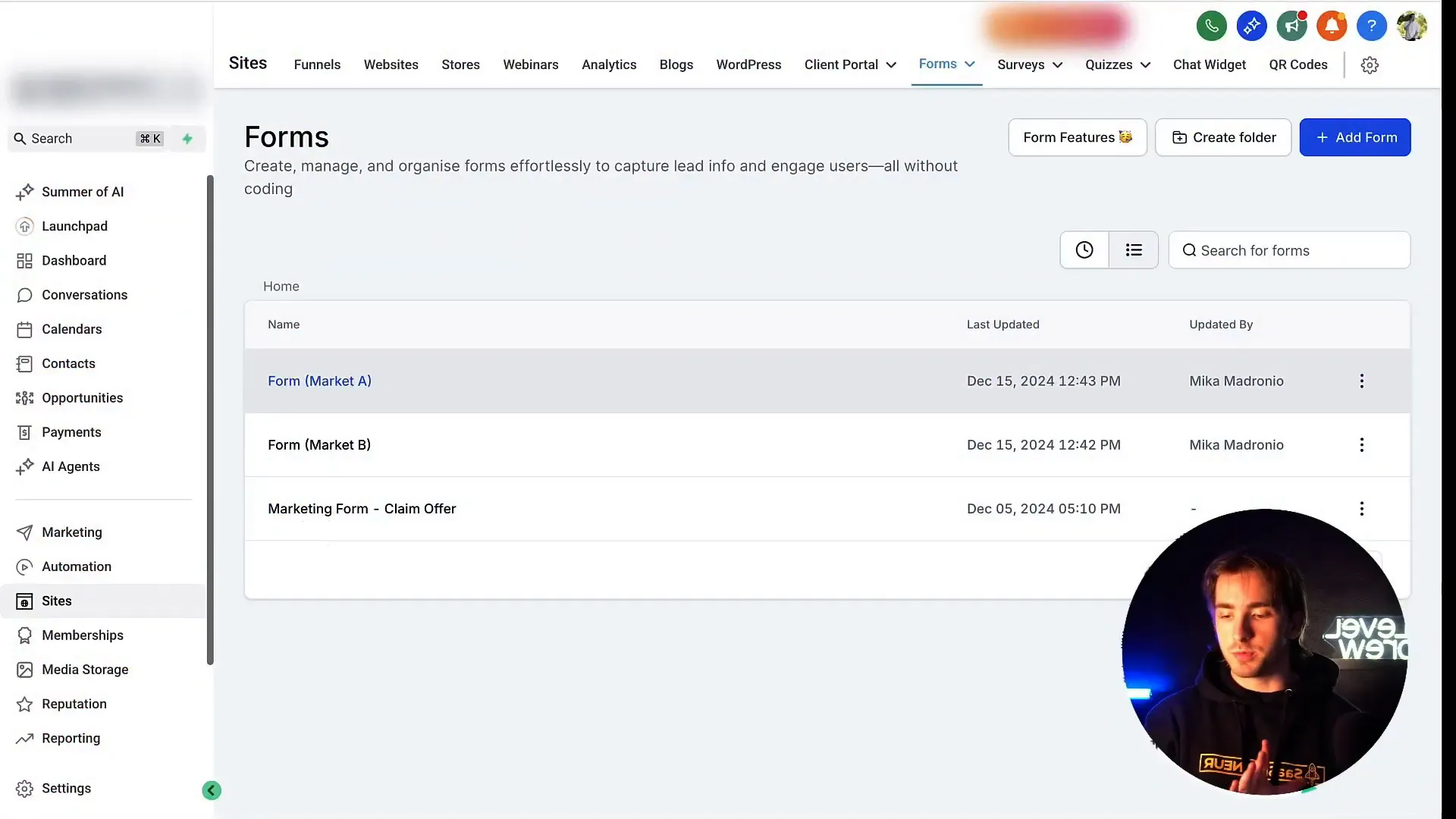 Setting up a form in GFunnel form builder