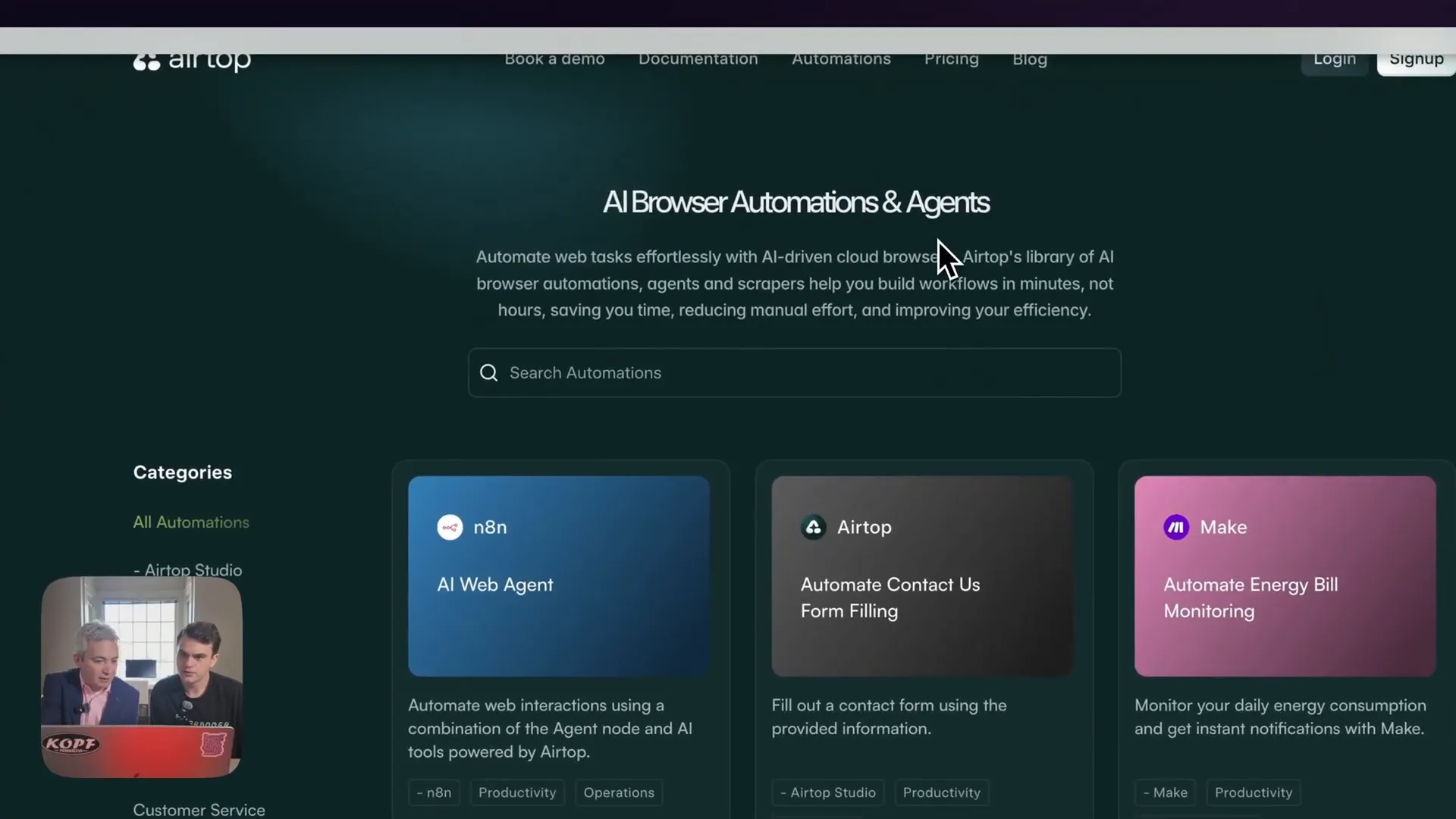 Screenshot of Airtop automation and agents gallery with multiple templates