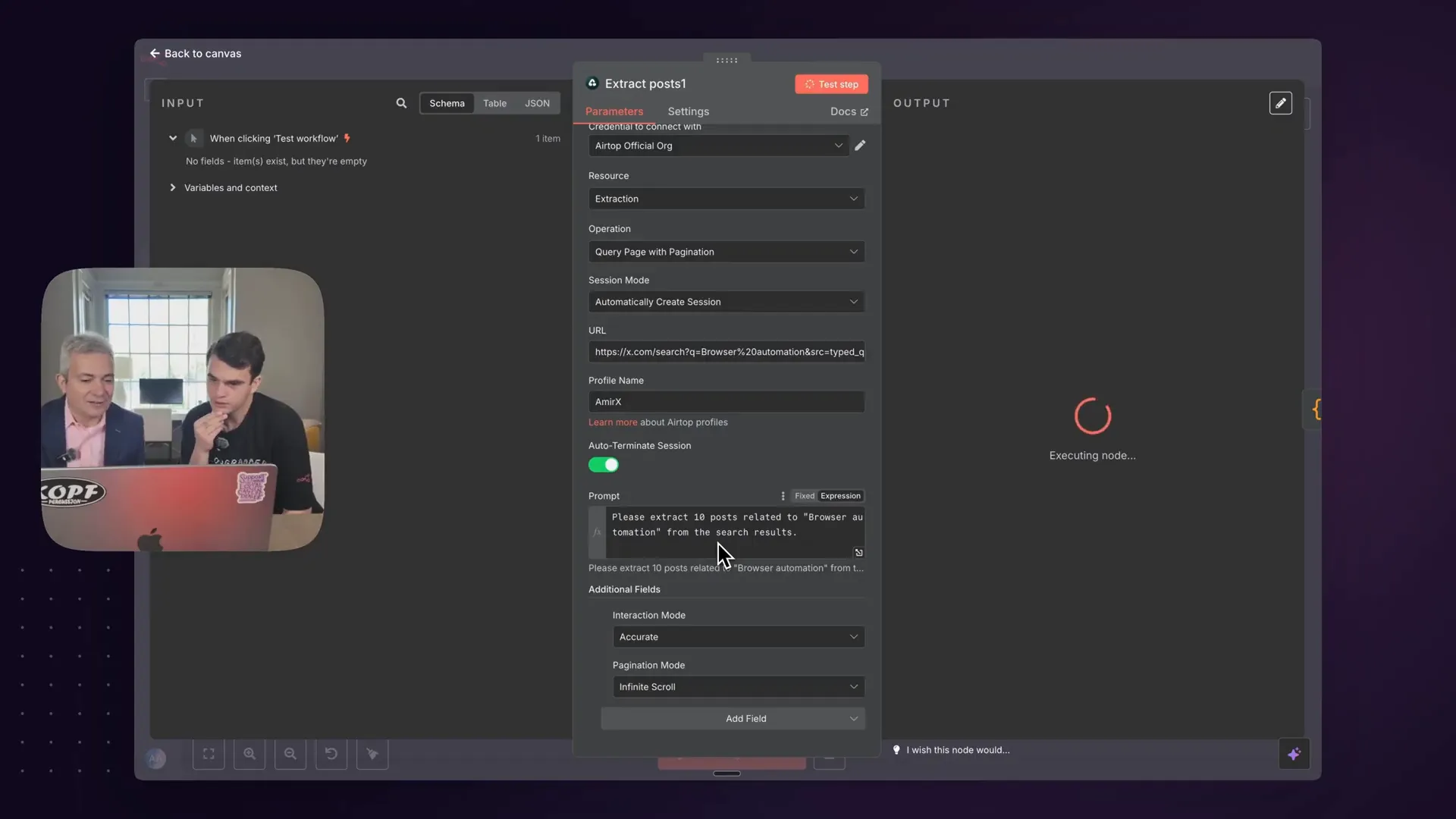 Running workflow in N8N executing Airtop web automation steps