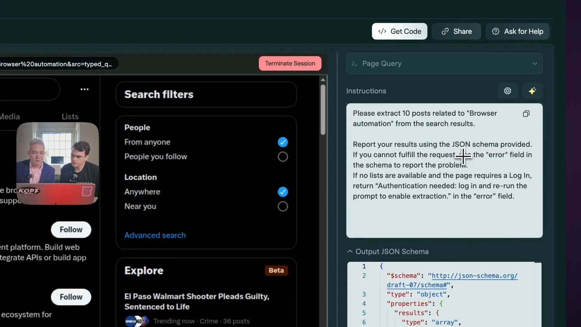 Airtop cloud browser displaying natural language prompt input and extraction results