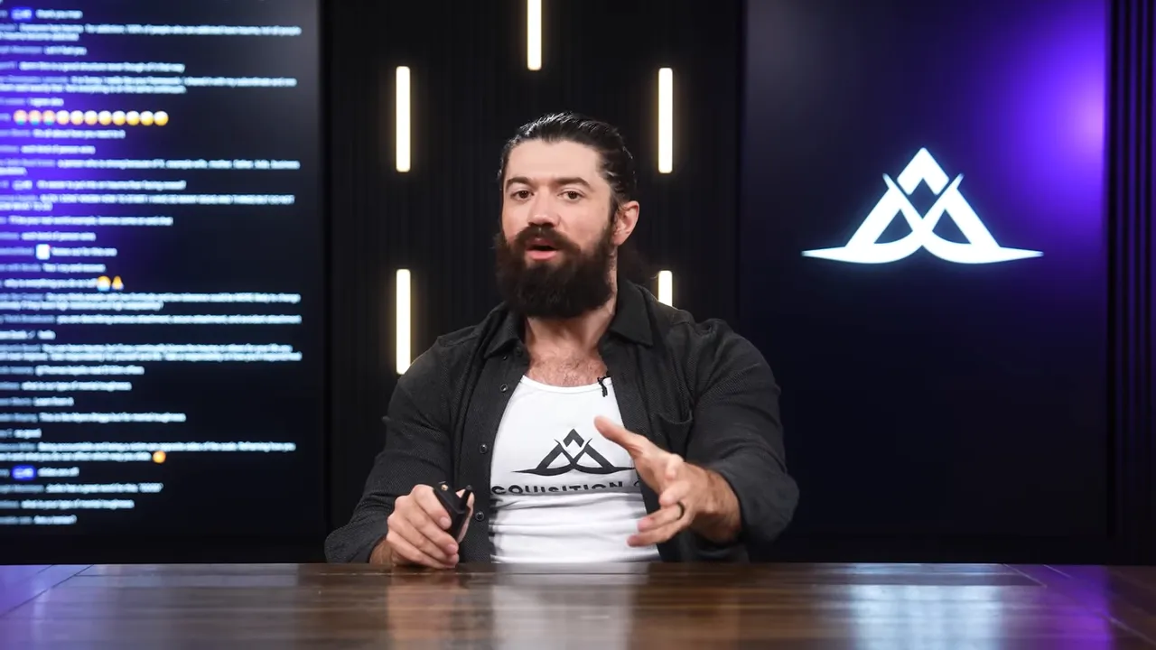 Clear shot of a person at a desk with a live chat feed on the left and a bright brand logo on the right, framed for a studio presentation.