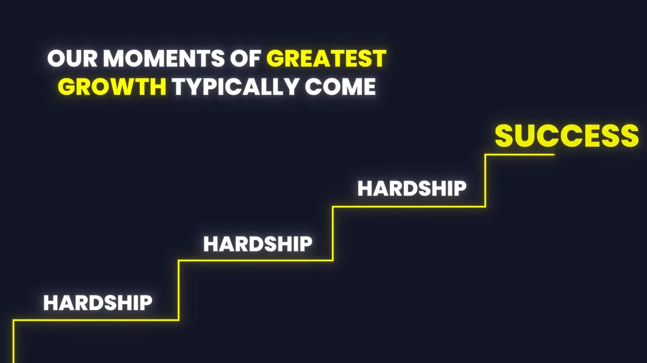 Infographic-style slide showing a yellow staircase labeled 'HARDSHIP' that rises to the final step labeled 'SUCCESS' with the headline 'OUR MOMENTS OF GREATEST GROWTH TYPICALLY COME'