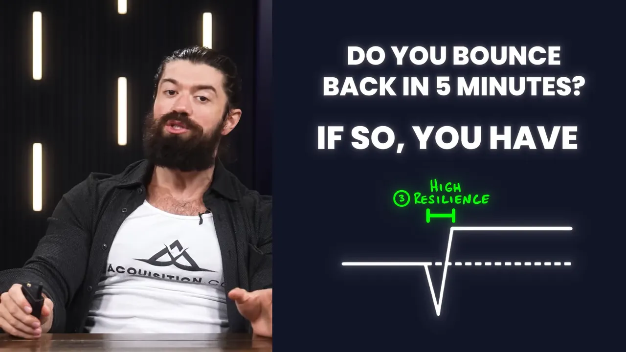 Head-on studio shot of presenter beside a large slide reading 'DO YOU BOUNCE BACK IN 5 MINUTES?' and a recovery graph