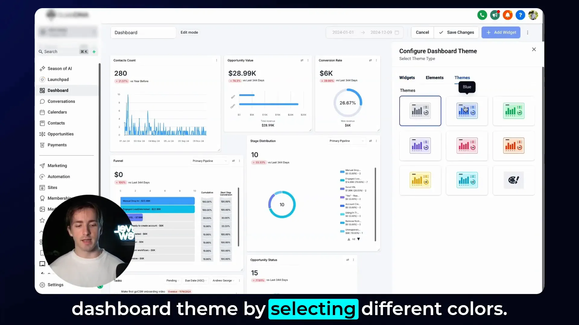 Themes selection panel in Lead Connector with GFunnel dashboard
