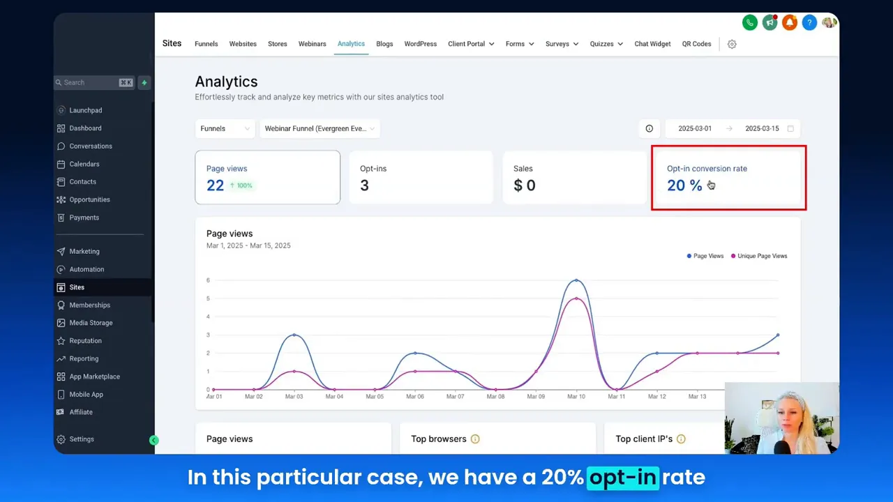 GFunnel analytics: date range selector and page views graph for marketing funnels