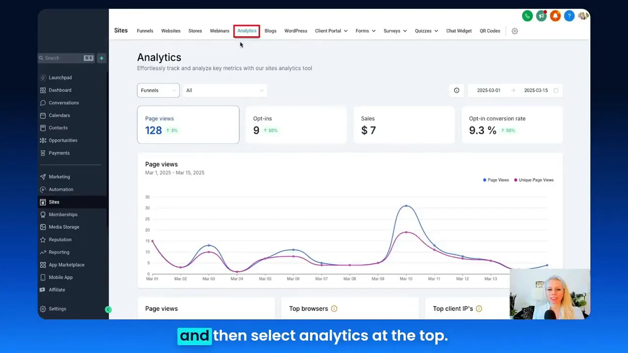 GFunnel sites tab: access analytics for funnels and websites