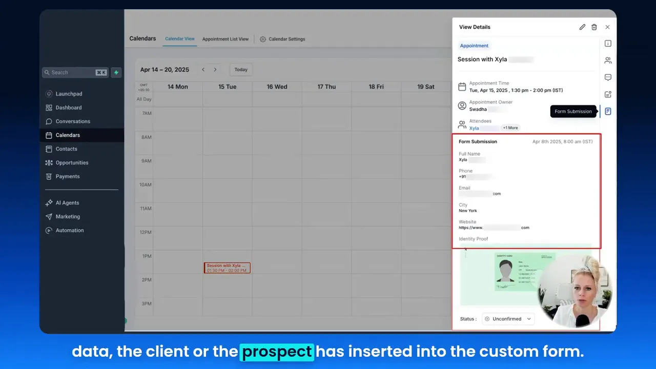 Form submissions list showing fields like address, website, and proof of identity