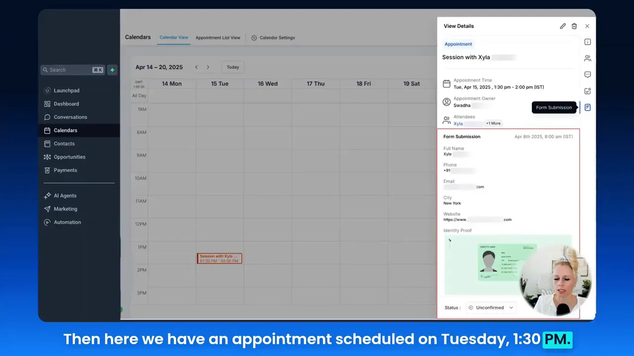 Appointment selected on calendar schedule