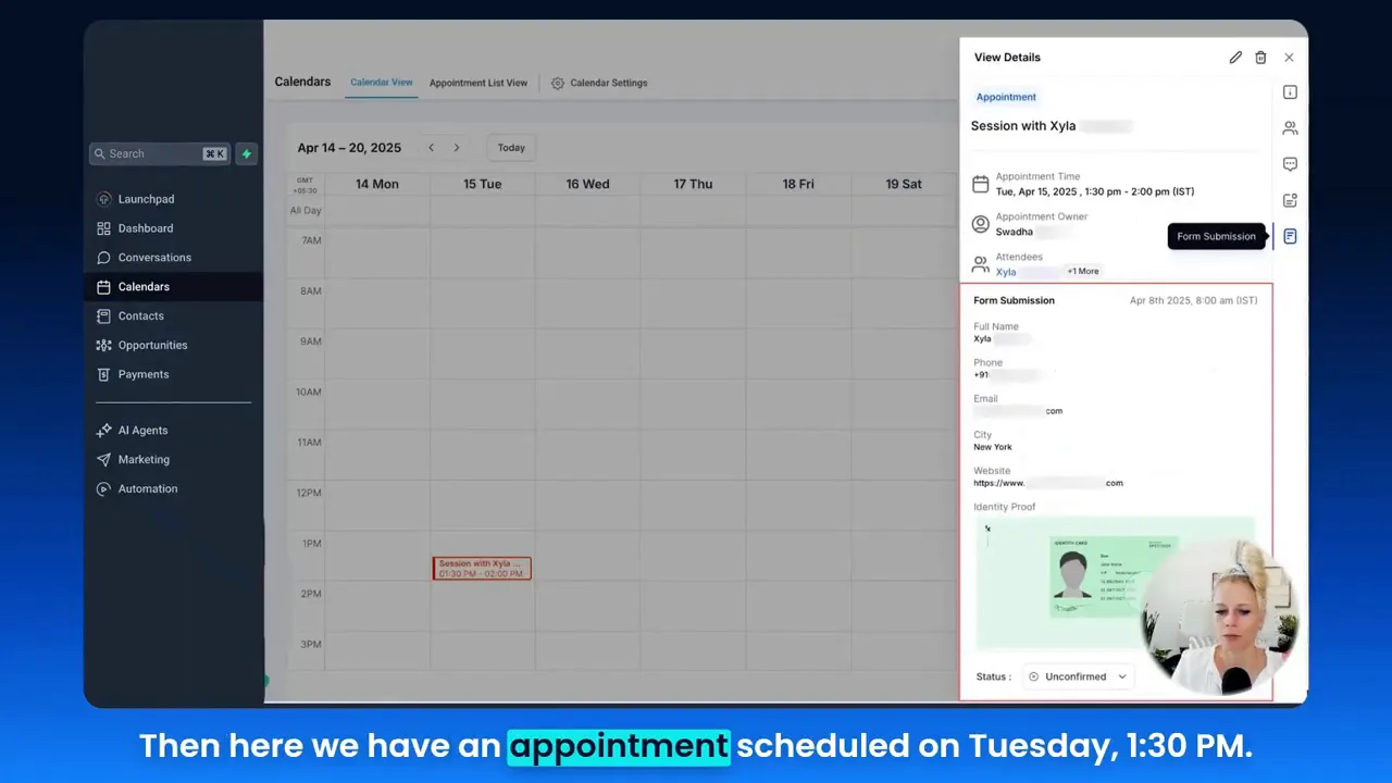 Calendar view showing appointment scheduled at Tuesday 1:30 p.m.