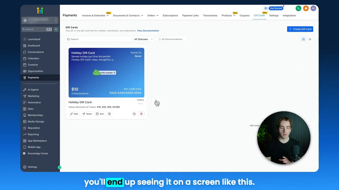 GFunnel Payments page showing the Gift Cards list, a Holiday Gift Card preview tile and the blue 'Create Gift Card' button.