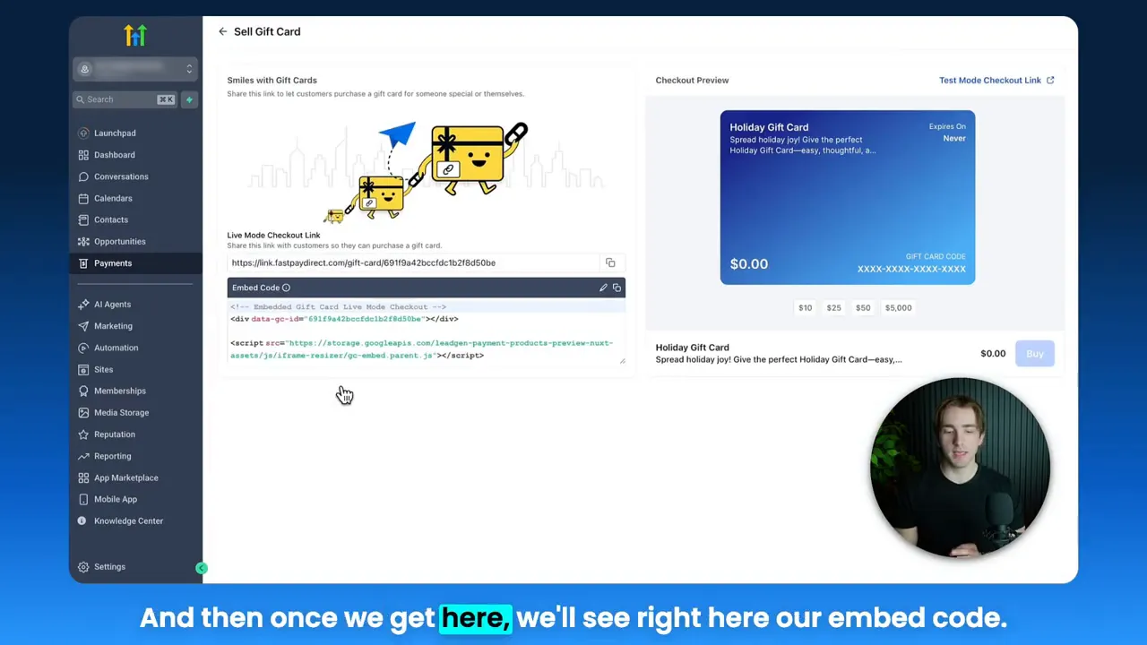 GFunnel dashboard showing embed code for a gift card checkout with checkout preview and presenter overlay