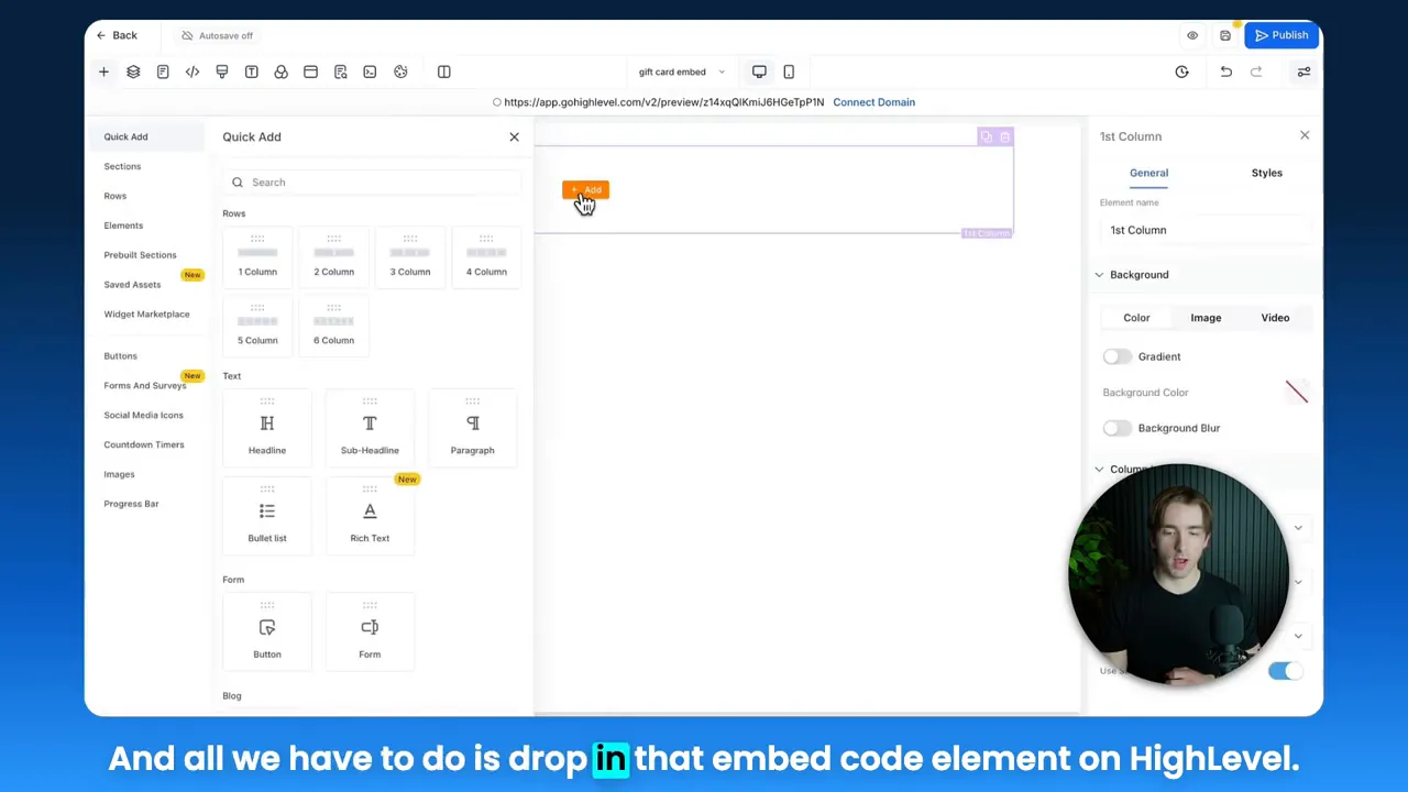 Site builder quick add panel showing code and layout options with embed area