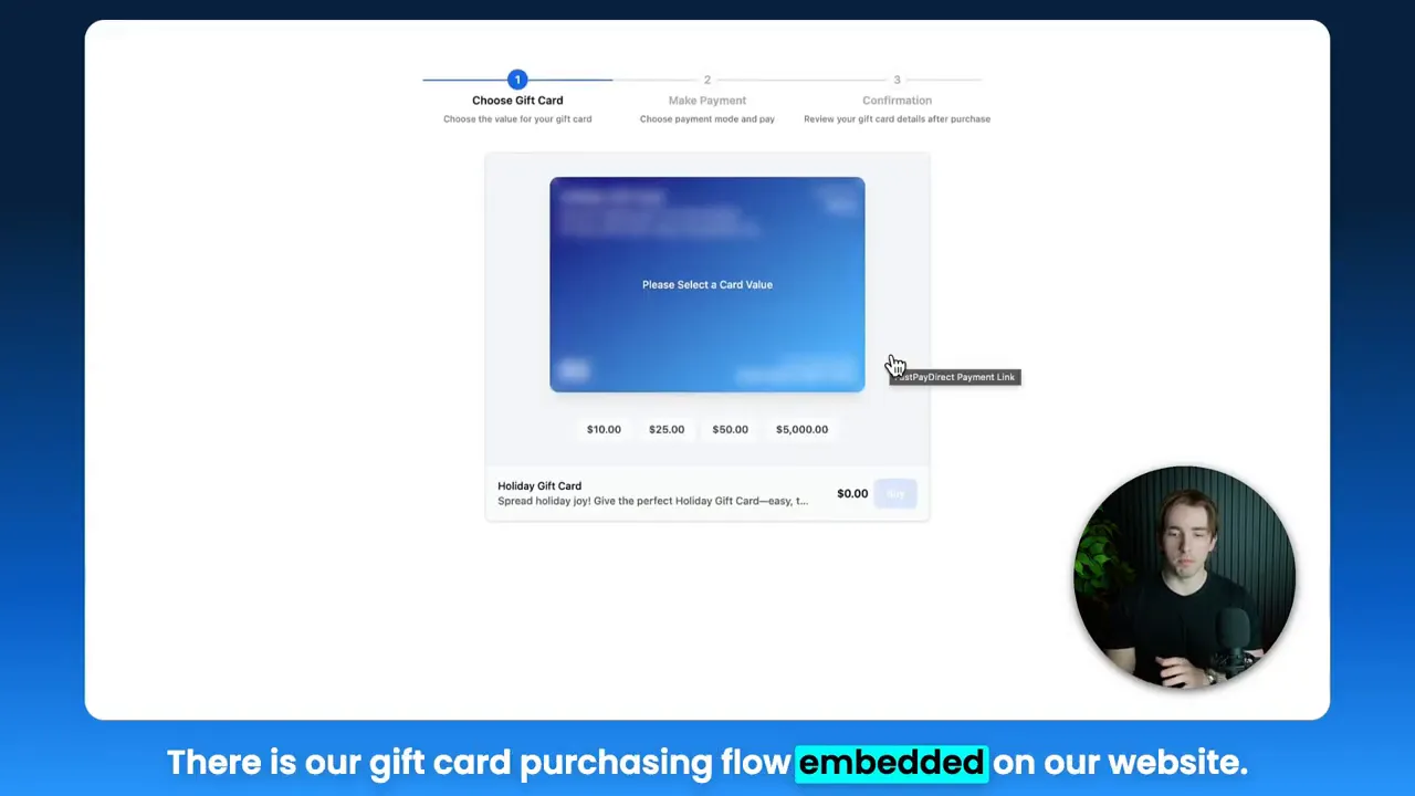 Embedded GFunnel gift card checkout widget shown inline with denomination buttons and progress steps, presenter overlay at bottom right.