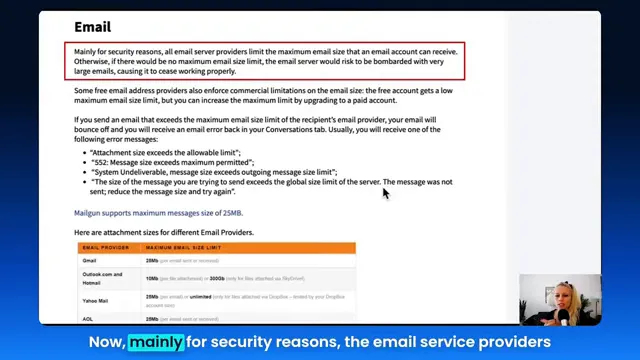Screenshot of email provider size comparisons and recommended sizes