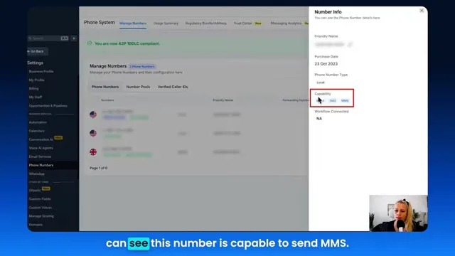 GFunnel settings showing number info with MMS enabled