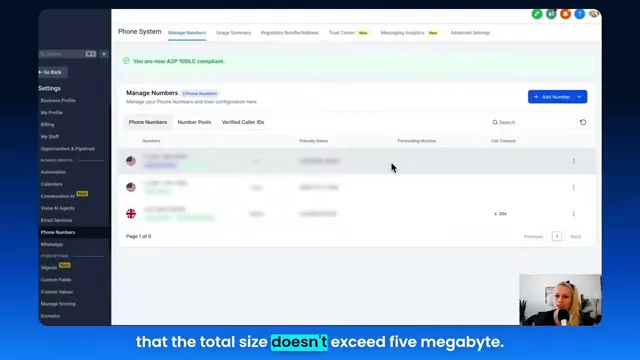 GFunnel setting showing MMS and attachment counts and size limits