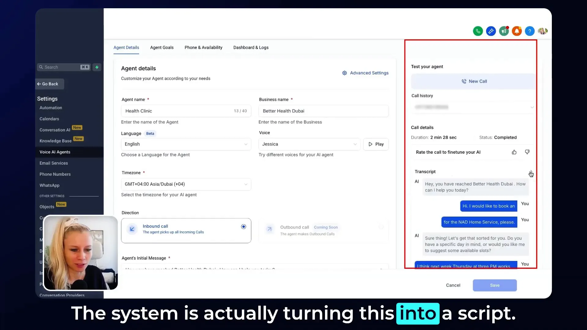 Post-call AI voice agent analysis and rating interface