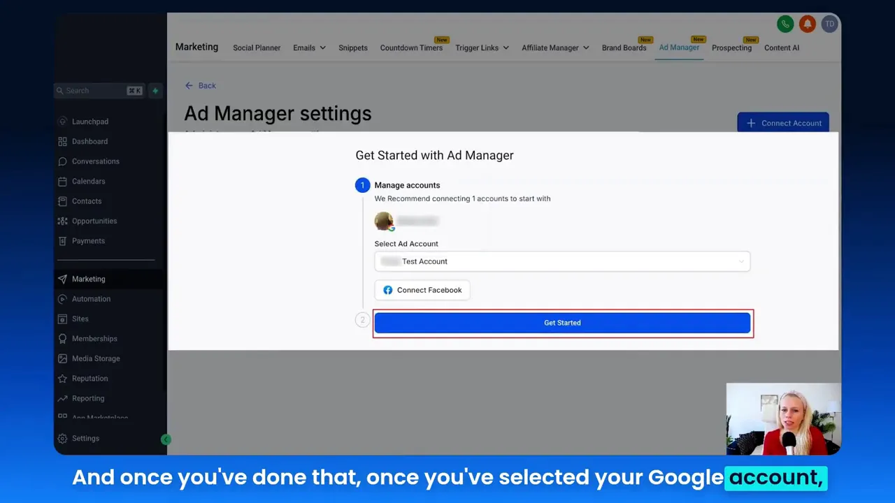 Connect Google Ads account via GFunnel settings icon