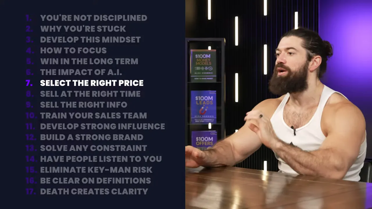 Split screen: episode topic list with 'Select the Right Price' highlighted and the host speaking on the right