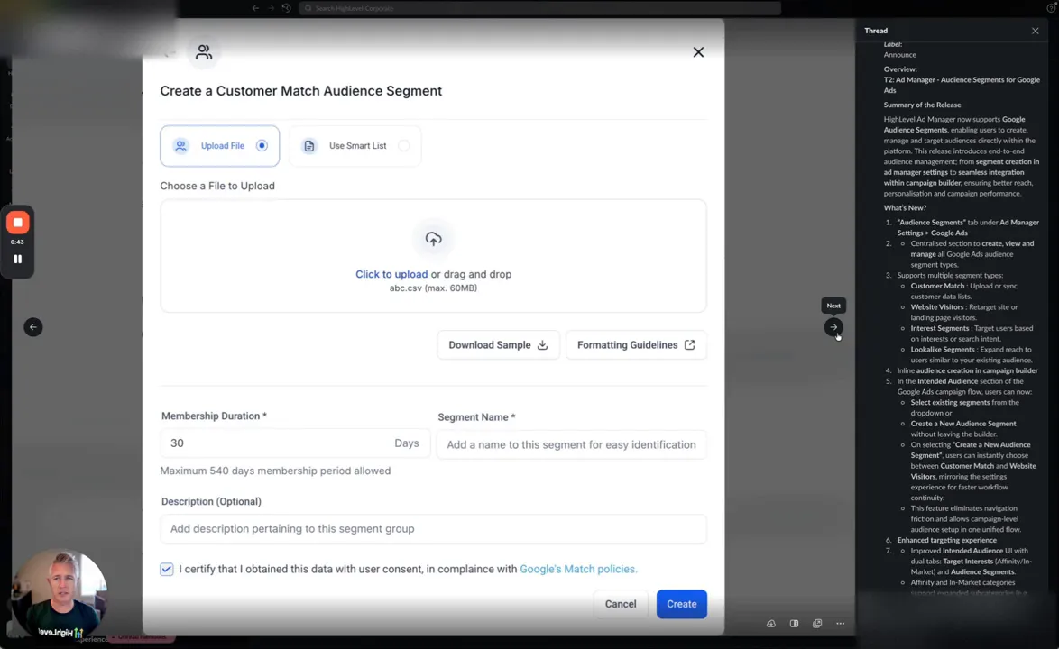 Ads Manager settings with centralized audience segments for Google Ads