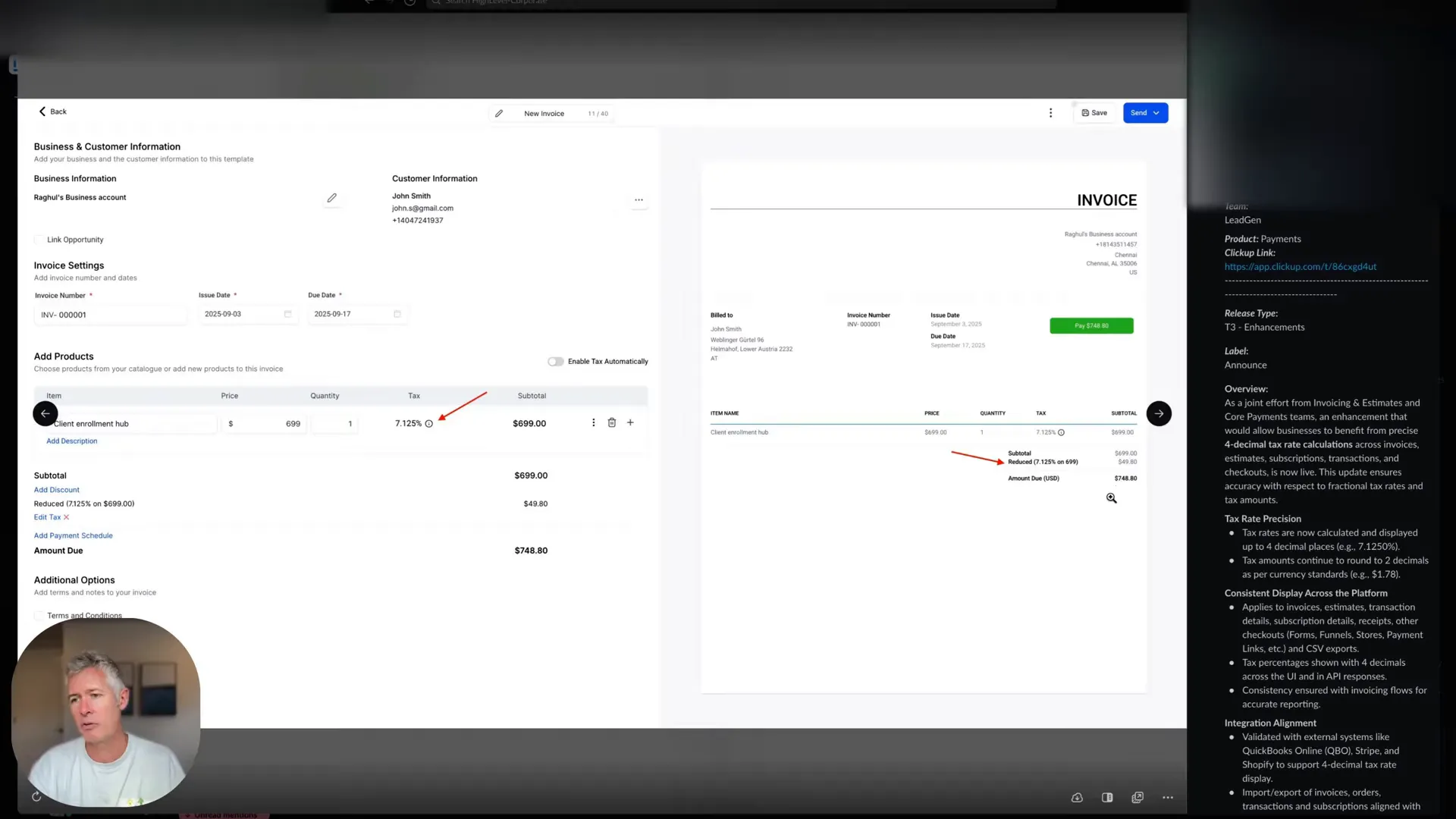 System-wide update noted across invoices, subscriptions, and checkout screens