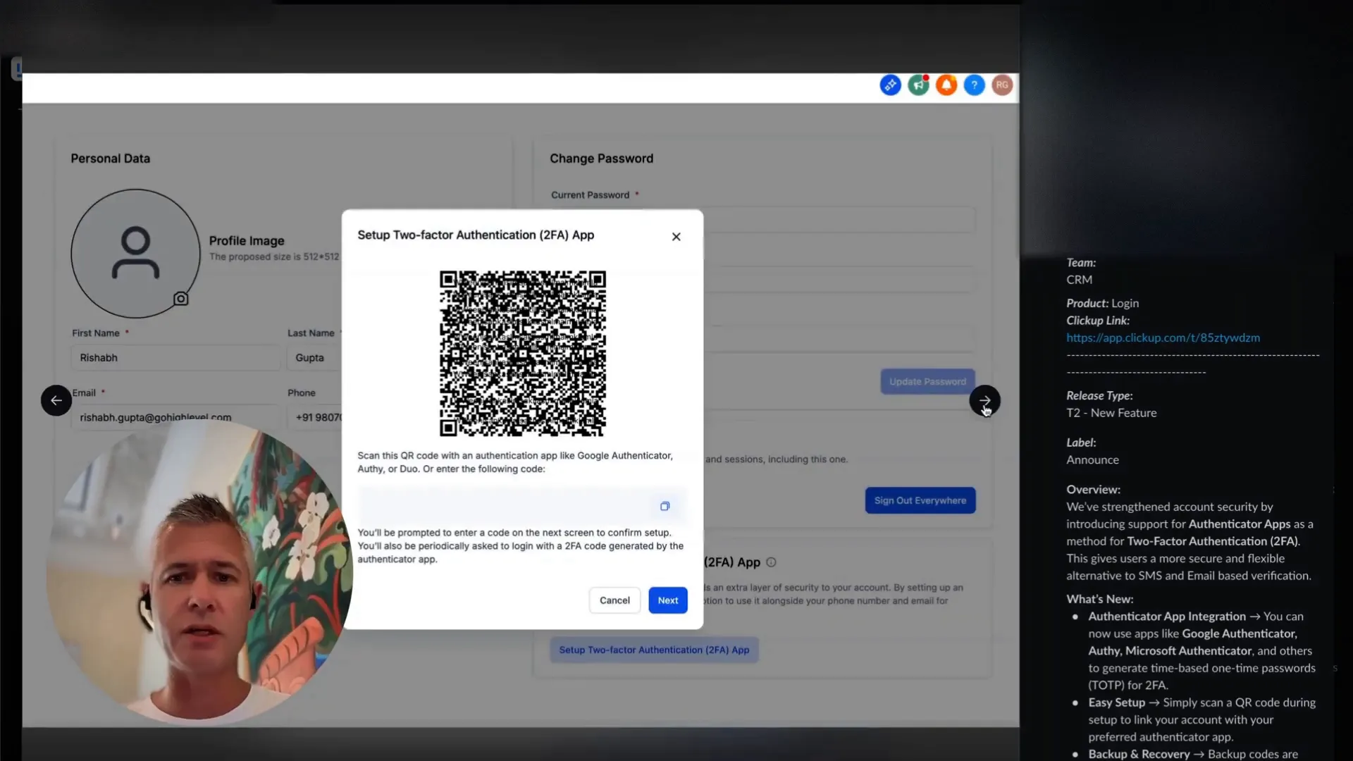 GFunnel’s authenticator app QR code setup screen