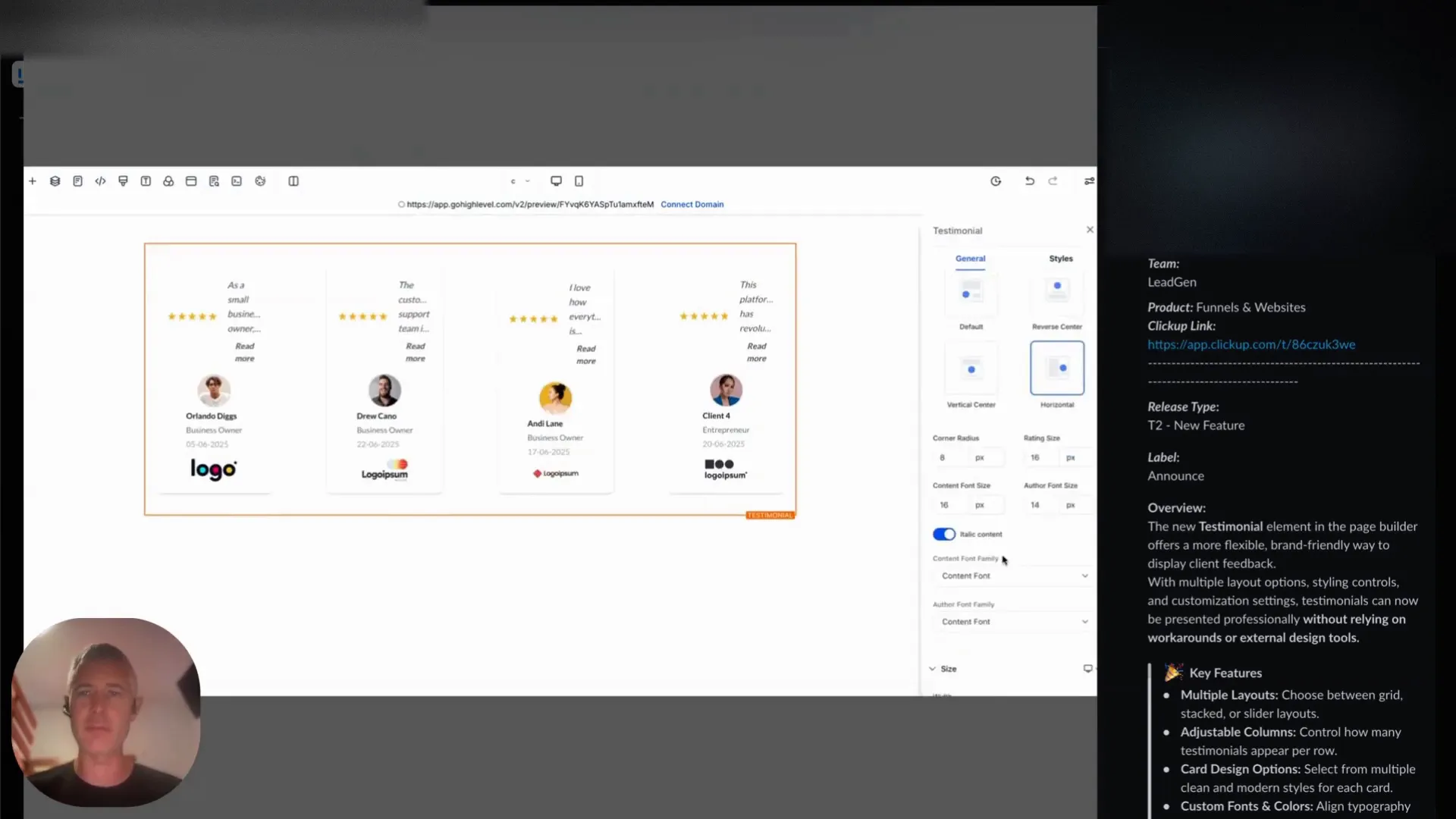 GFunnel testimonial element animated demonstration