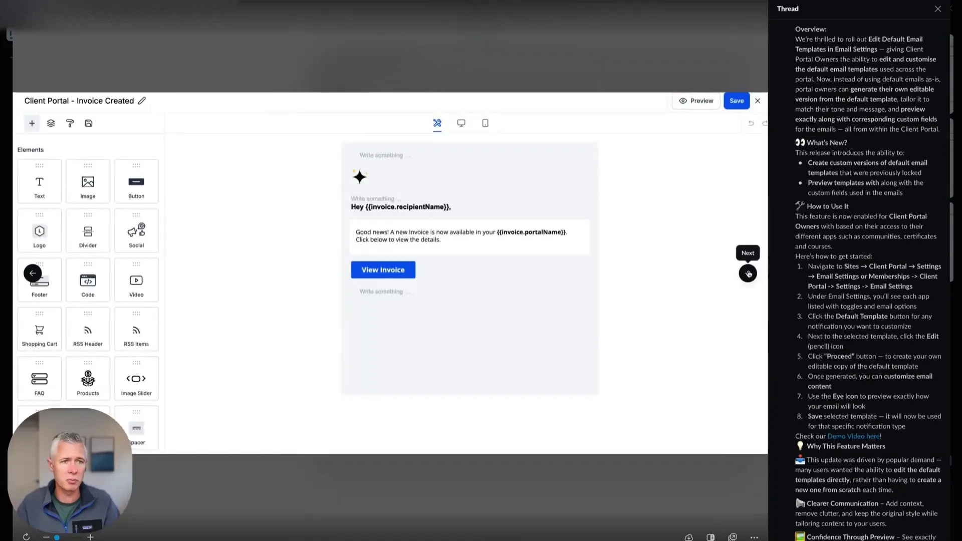 GFunnel's email builder interface for customizing templates