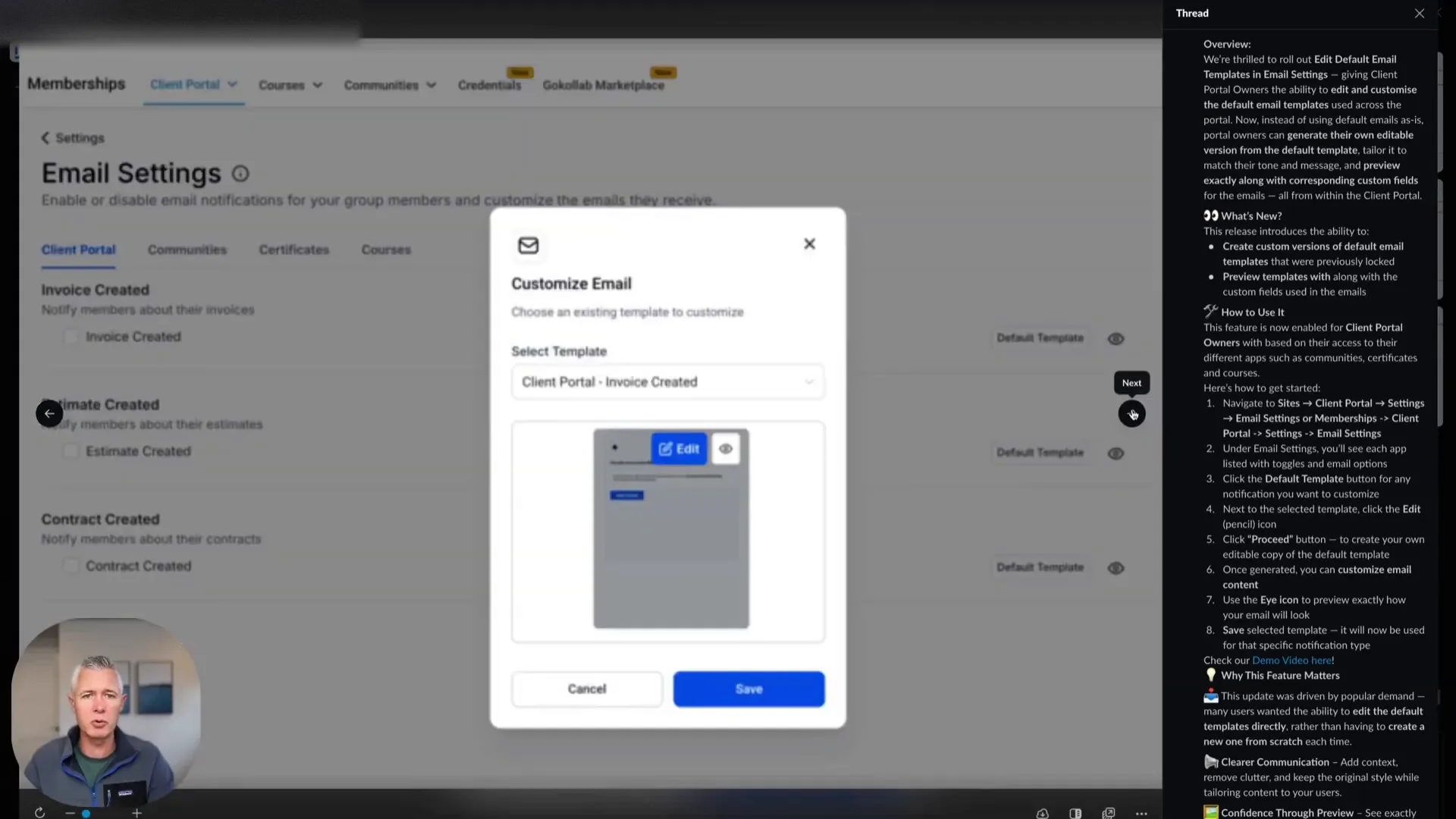 Email builder launched from client portal settings
