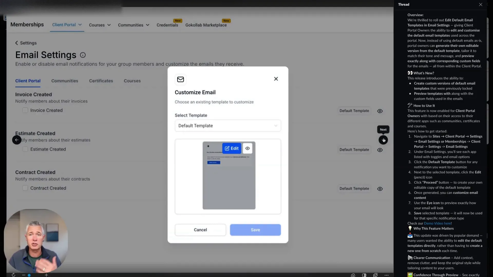 Overview of email categories in client portal