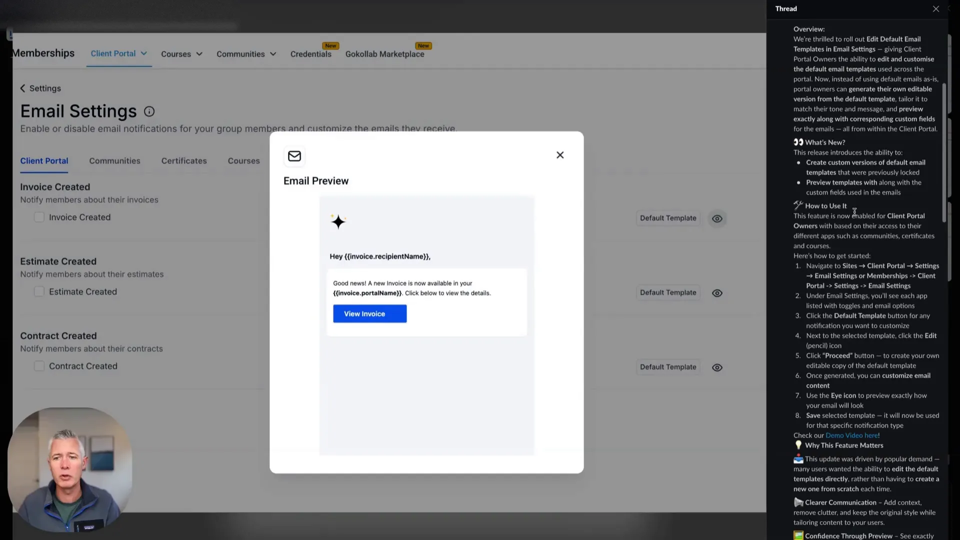 GFunnel client portal email settings customization