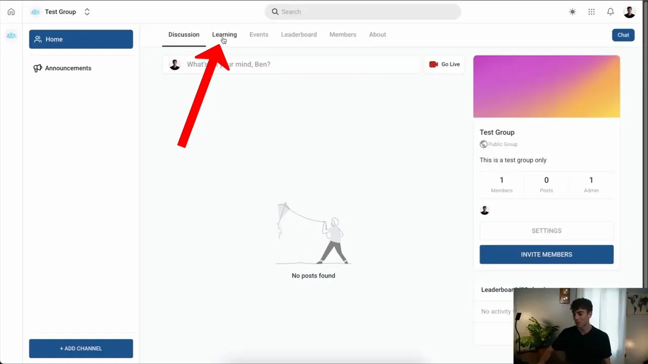 Community group page with a red arrow pointing to the Learning tab, showing where courses live