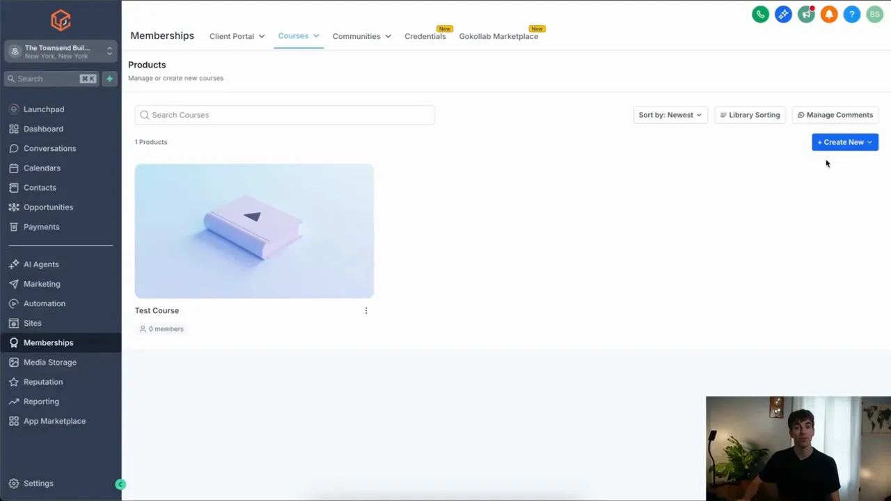 Screenshot of GFunnel memberships interface showing 'Courses' tab, a test course card, and 'Create New' button