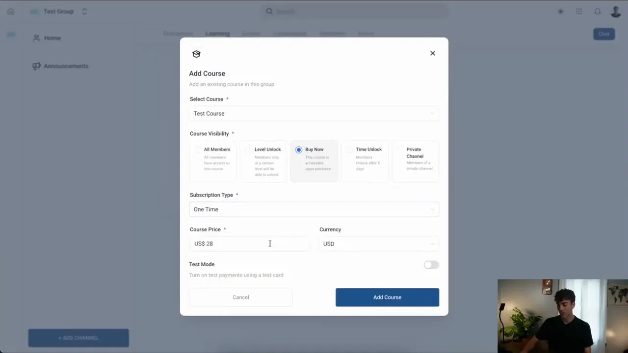 GFunnel add course dialog showing course visibility options, subscription type, price and currency in the product UI.