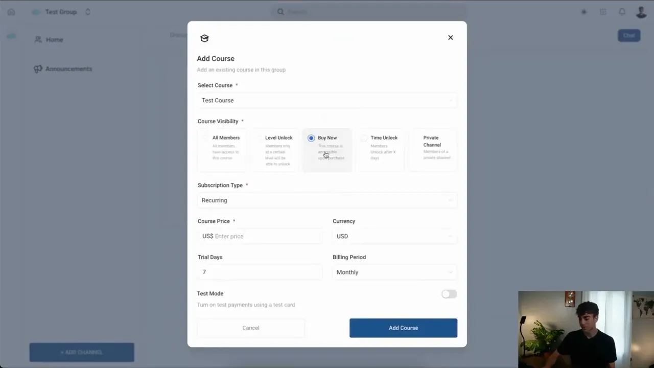 Add Course modal with fields for course price, currency, trial days and billing period