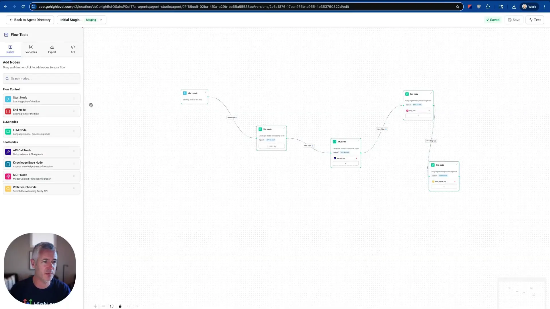 Drag-and-drop funnel builder interface with flow controls