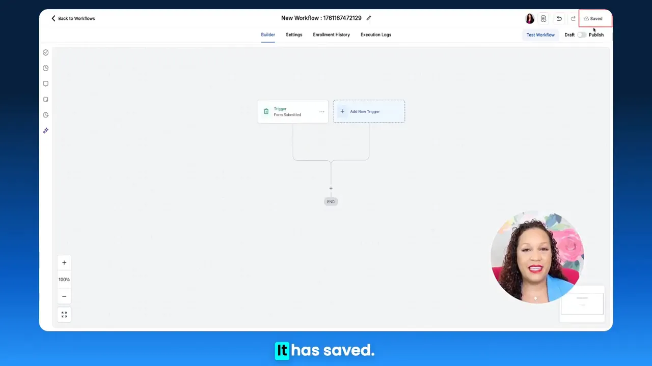 Workflow builder screen with 'Saved' confirmation and presenter thumbnail