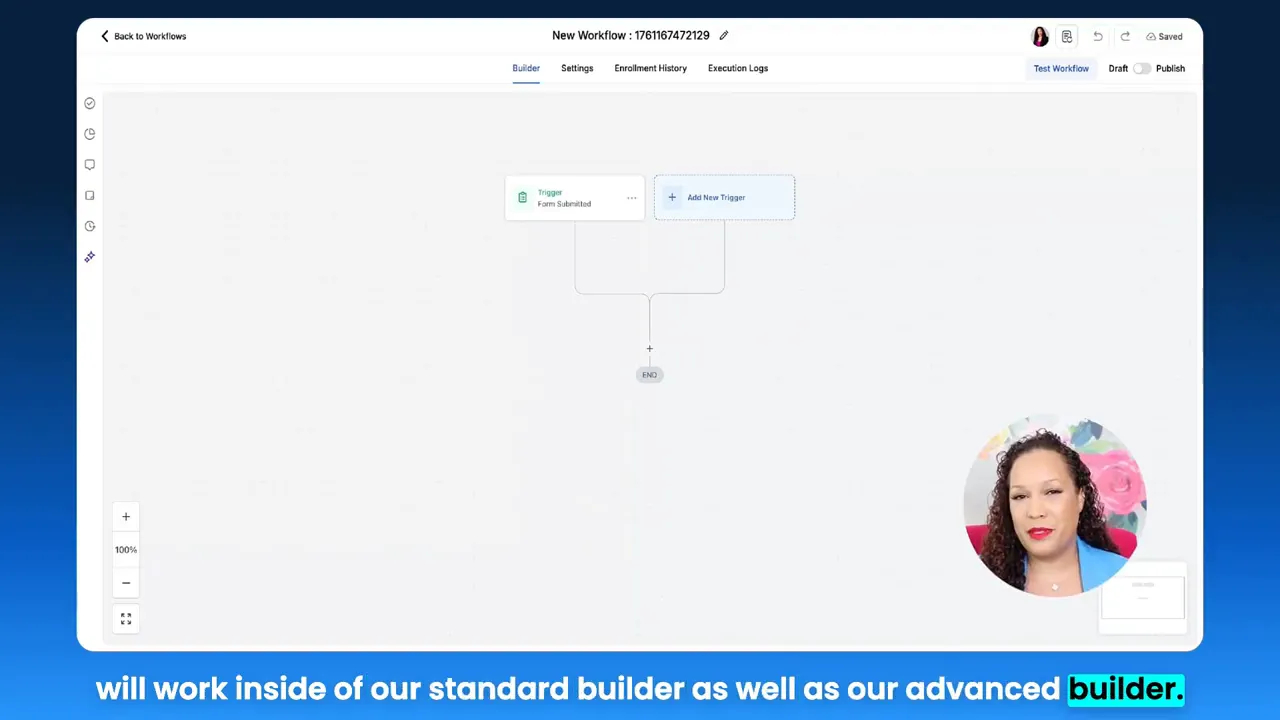GFunnel workflow builder canvas with trigger node and presenter thumbnail, showing builder layout and autosave context