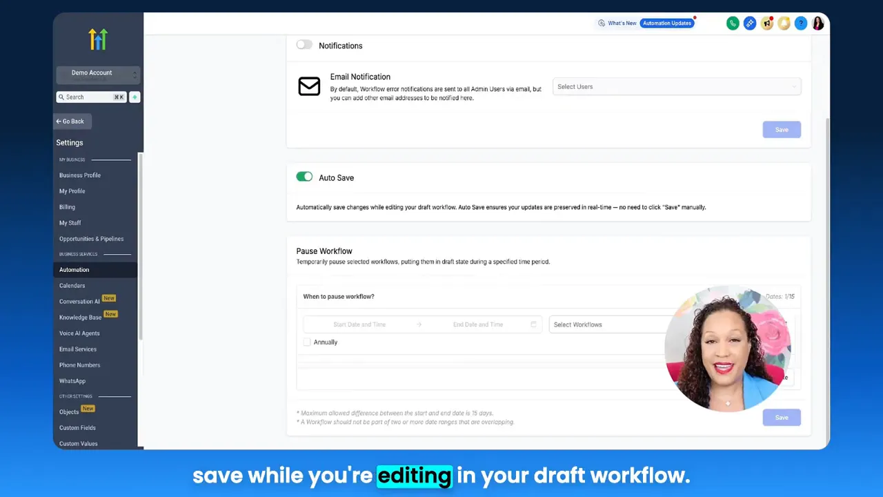 GFunnel Automation settings screen showing Auto Save toggle turned on and description text, with presenter thumbnail