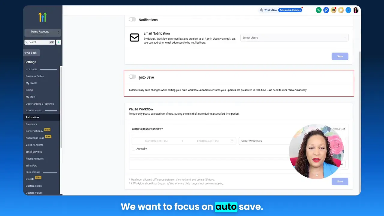 GFunnel settings page with Auto Save section highlighted and on-screen caption 'We want to focus on auto save.'