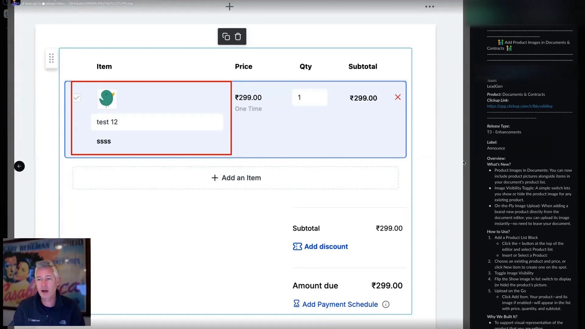 Product images visible inside the document contract preview