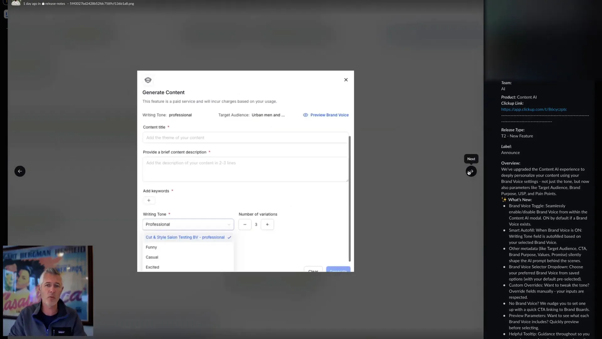 Selecting multiple brand voices inside Content AI