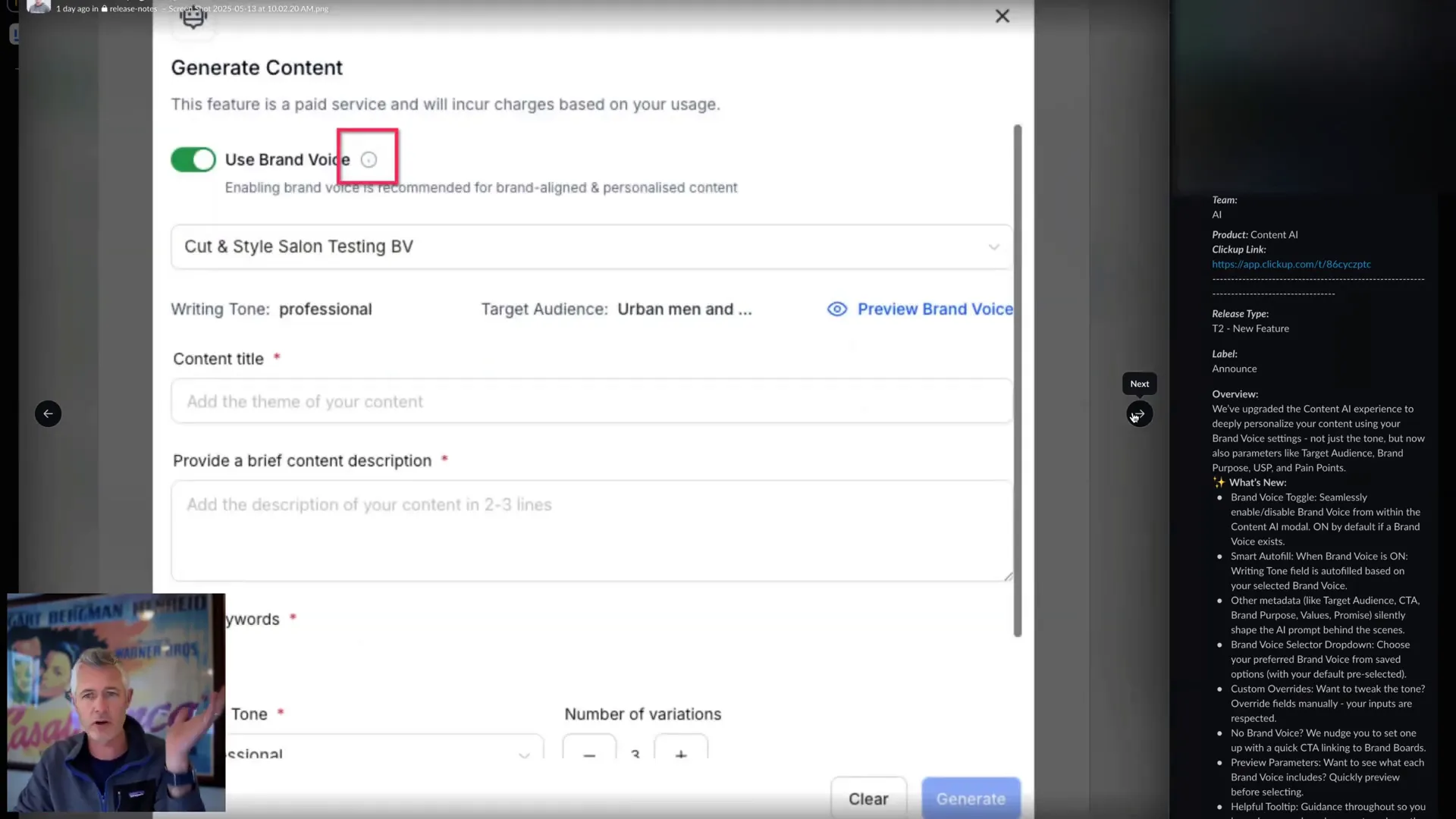 Previewing brand voice inside Content AI
